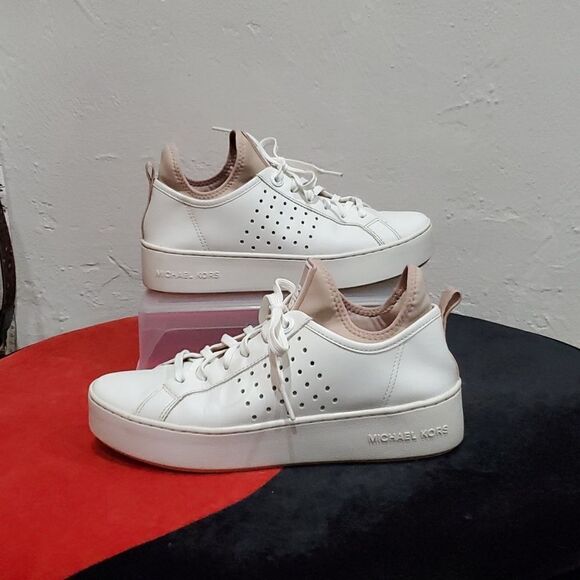Michael Kors Platform Ace Sneaker in White & Blush Pink Rose Gold Size 7.5 - Picture 2 of 16